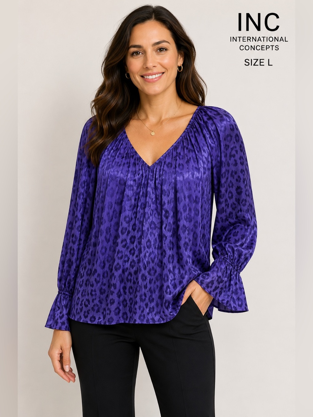 I.N.C. International Concepts Women's Pleated V-Neck Blouse/size L